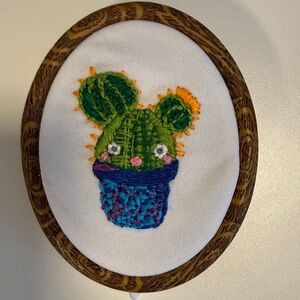 Vibrant Cactus Embroidery in Faux Wooden Frame